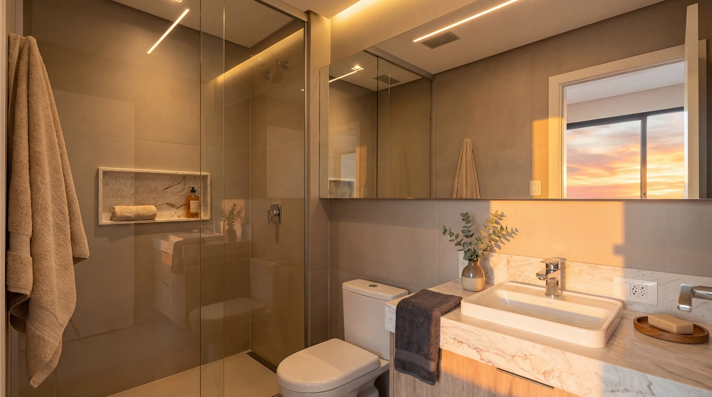 Banheiro da suíte com revestimento efeito pedra em tom areia, box de vidro amplo com chuveiro, nicho iluminado em mármore, cuba retangular de louça sobre bancada de mármore branco e janela basculante ao fundo com luz do entardecer