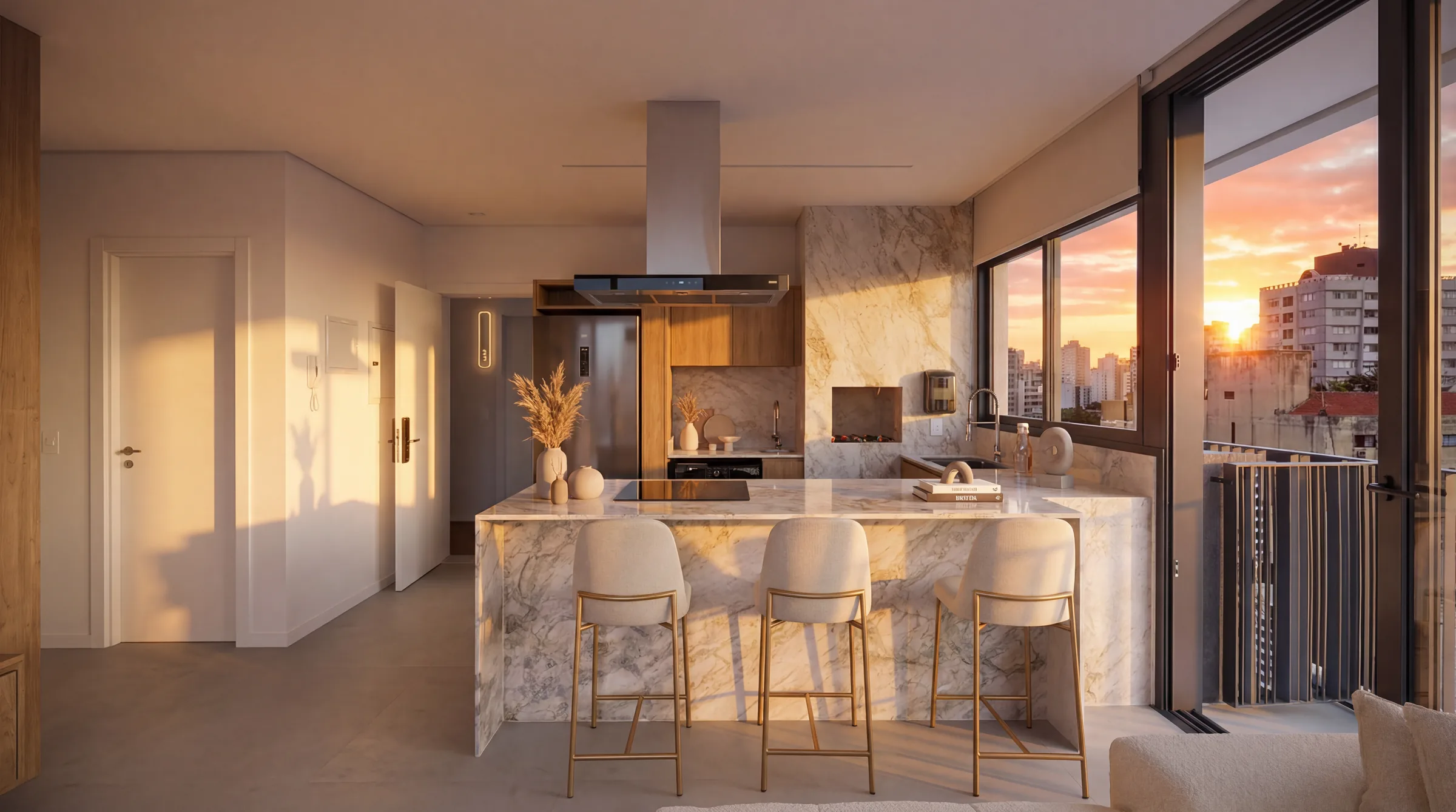 Cozinha com ilha central de mármore dourado, três bancos altos com estrutura dourada e assento bouclé claro, coifa suspensa de inox, armários planejados em madeira natural e geladeira french door em inox