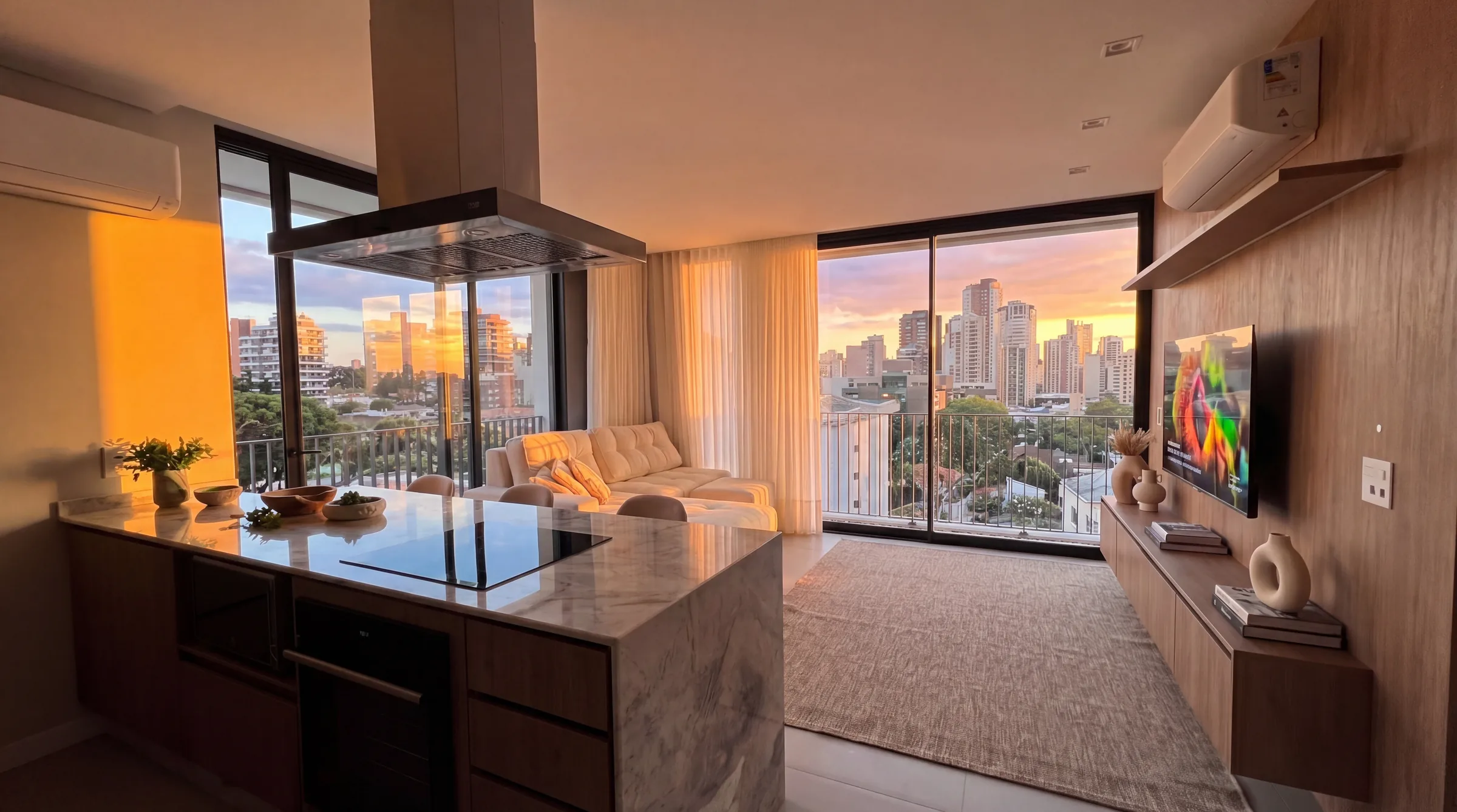 Living integrado à cozinha com porta-janelas do piso ao teto e vista panorâmica do Batel ao entardecer