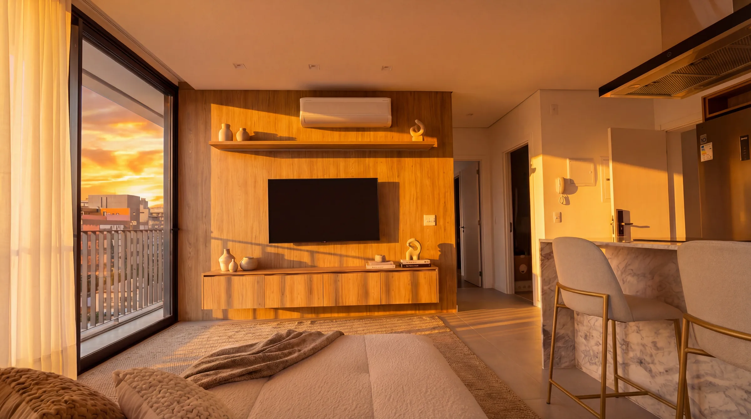 Estar com painel de madeira natural cobrindo a parede inteira, TV de 55 polegadas embutida, nichos com objetos decorativos, bancada suspensa com vasos cerâmicos e bar com bancada de mármore à direita