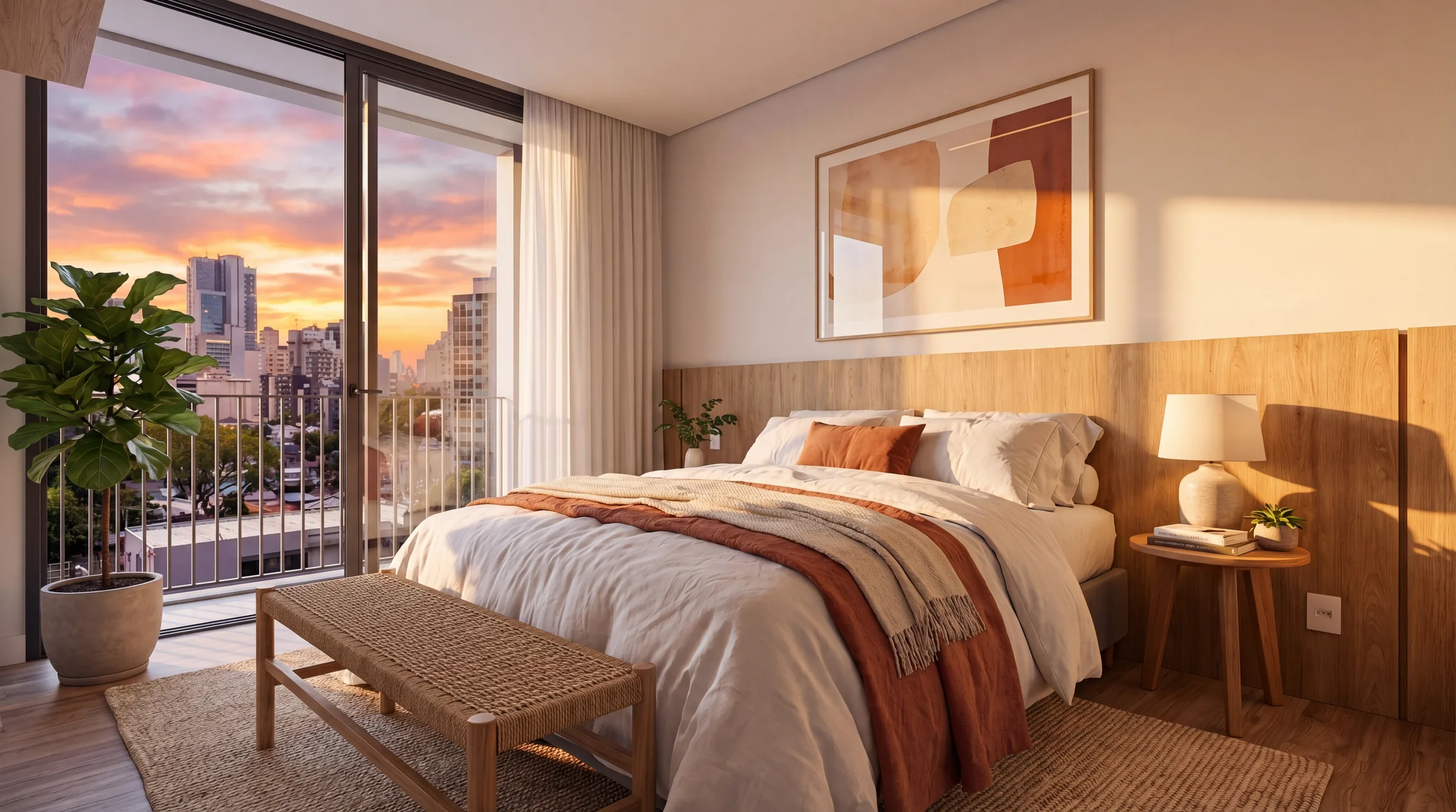 Segundo ângulo da suíte mostrando a porta-janela do piso ao teto com saída para a sacada, figueira-lira grande em vaso de concreto, quadro abstrato acima da cabeceira e vista do skyline do Batel ao pôr do sol