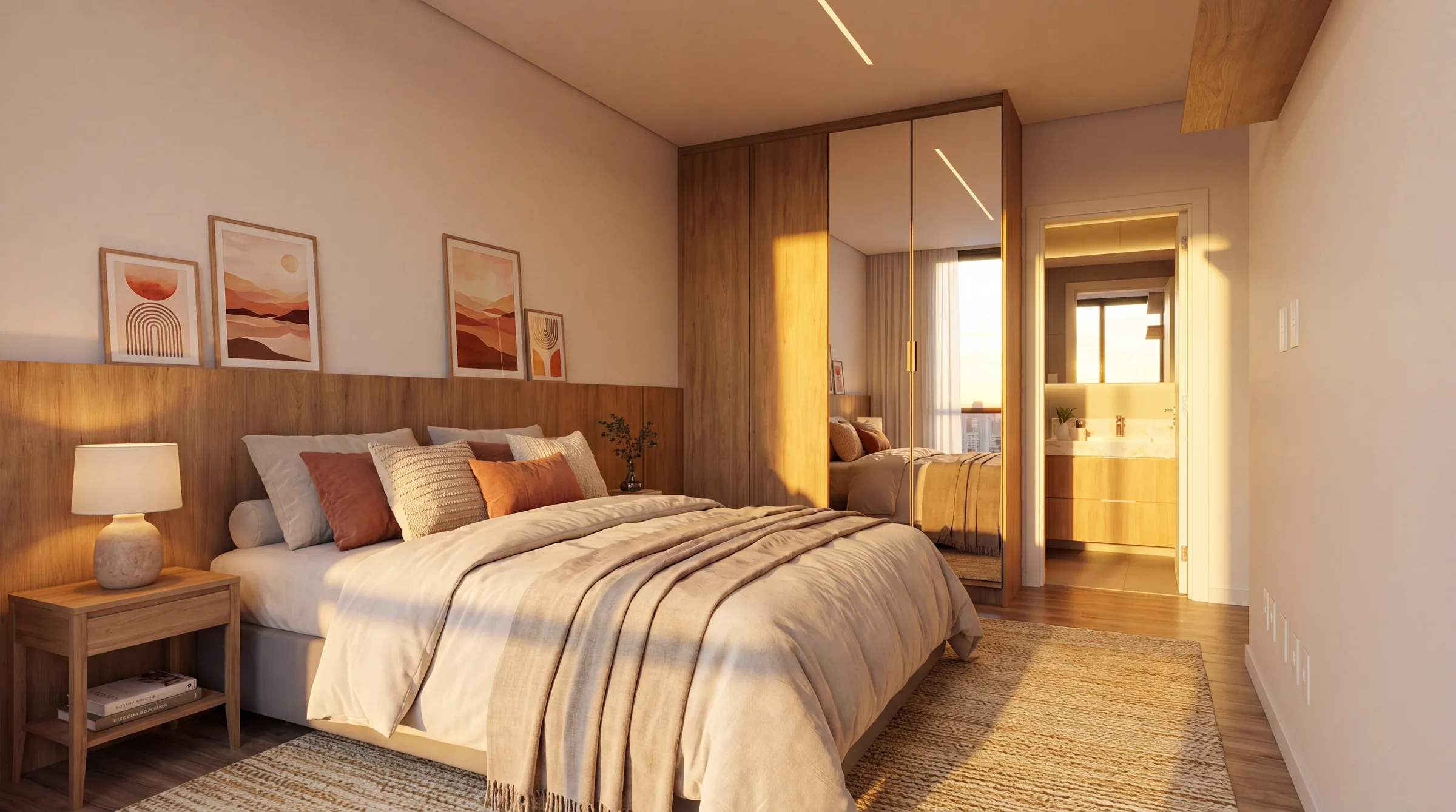 Suíte principal com cama king, cabeceira em painel de madeira natural, trio de quadros abstratos em tons terracota acima da cama, guarda-roupa planejado com portas espelhadas e acesso ao banheiro privativo à direita